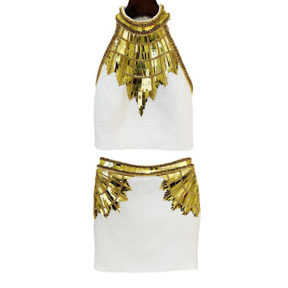Fashionable Beaded Sequin Halter Neck Top And Mini Skirt Set