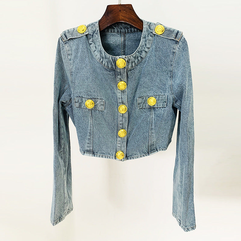 Lion Button Short Denim Jacket
