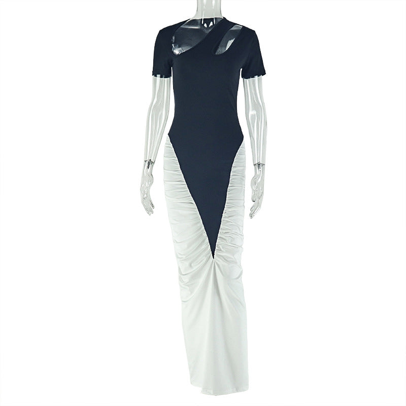 Chic Black And White Bodycon Dress With Hollow Out Short Sleeves