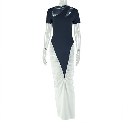Chic Black And White Bodycon Dress With Hollow Out Short Sleeves