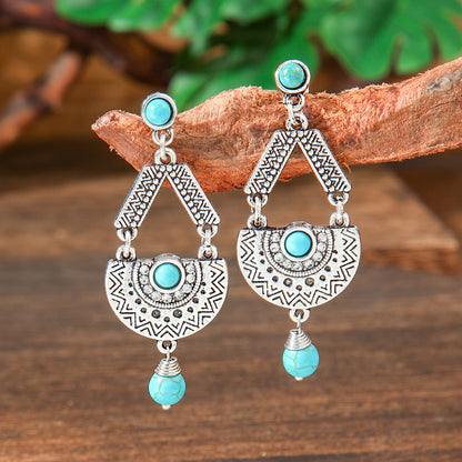 Geometric Turquoise Fringe Earrings Set Bohemian Style