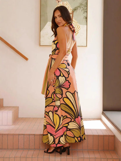 Linen Floral Maxi Dress with Halter Neck for Elegant Casual Style