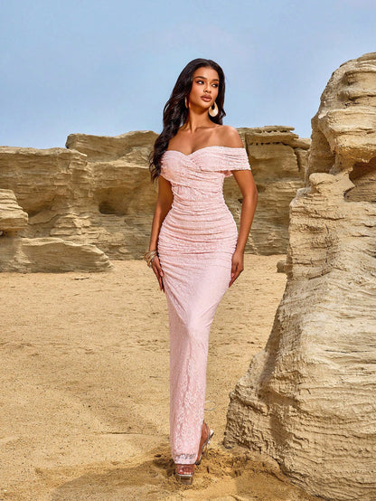 Elegant Off-Shoulder Lace Maxi Evening Dress