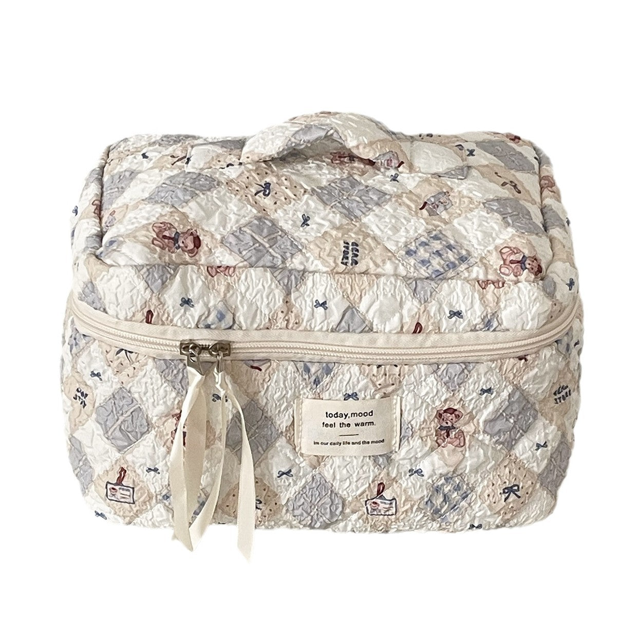 Trendy Quilted Teddy Bear Makeup Bag Portable Travel Organizer