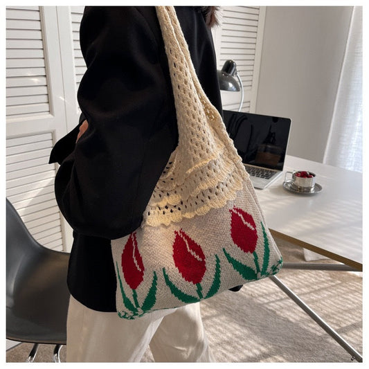 Vintage Flower Jacquard Knit SHoulder Bag