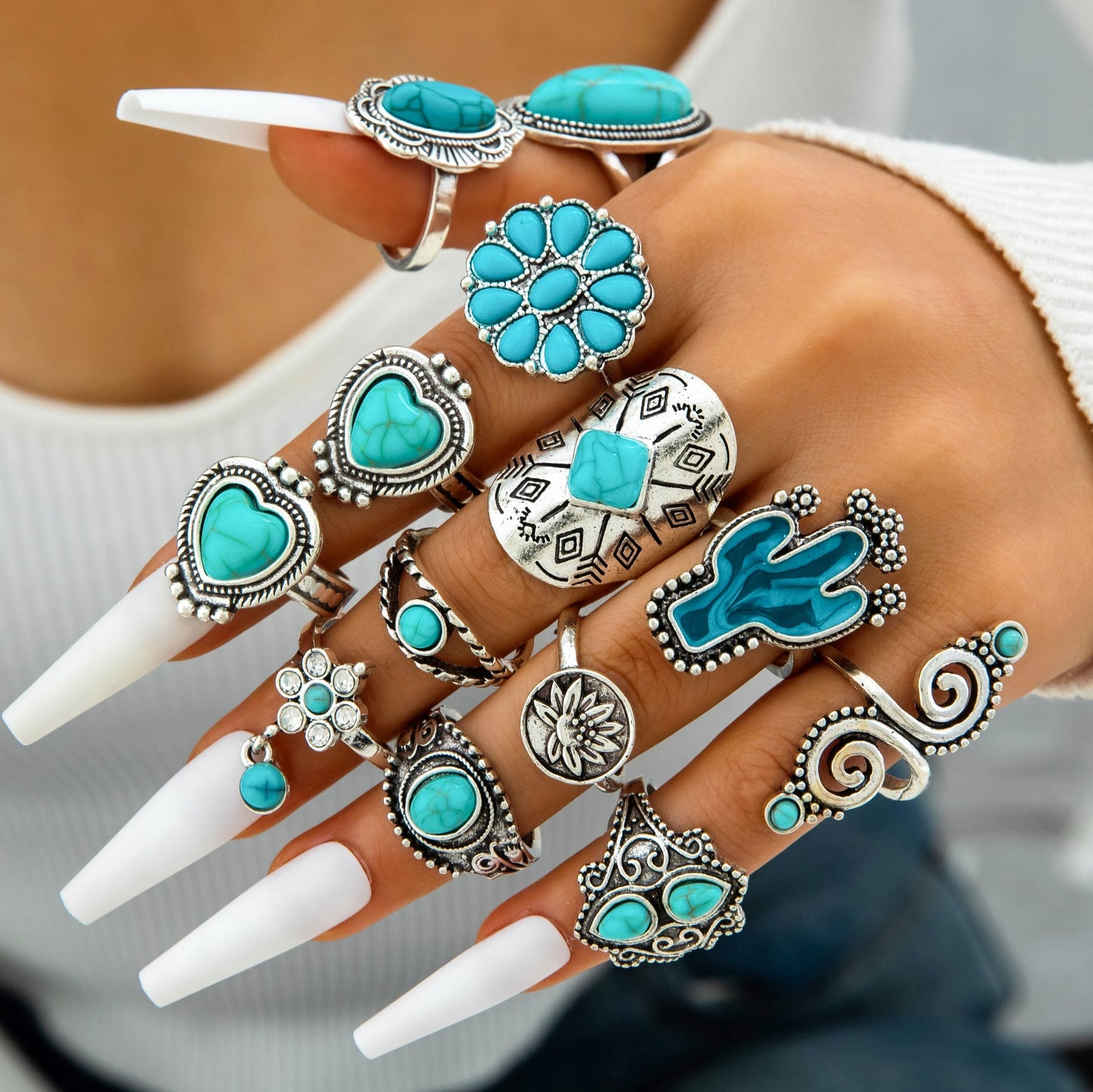 Bohemian Style Carved Feather Turquoise Ring Set