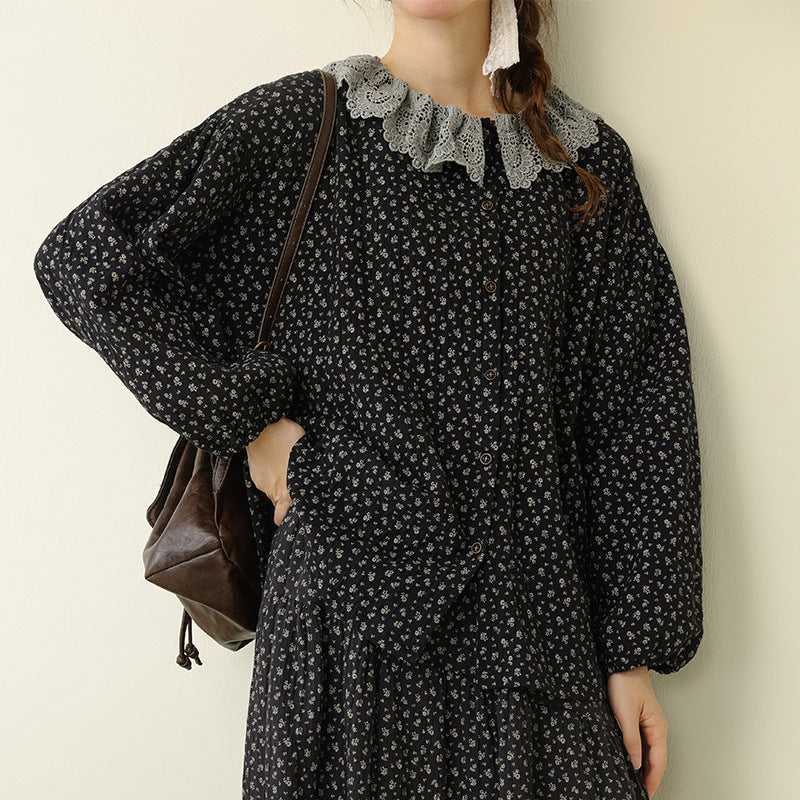 Artistic Vintage Floral Contrast Hem Skirt Casual Loose Set