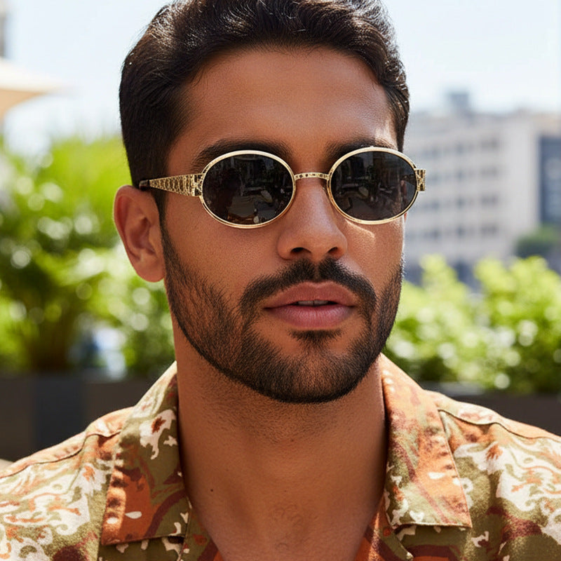 Trendy Metal Oval Sunglasses Stylish UV400 Protection