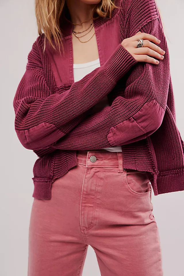 Simple Splicing Knit Cardigan Coat With Pockets