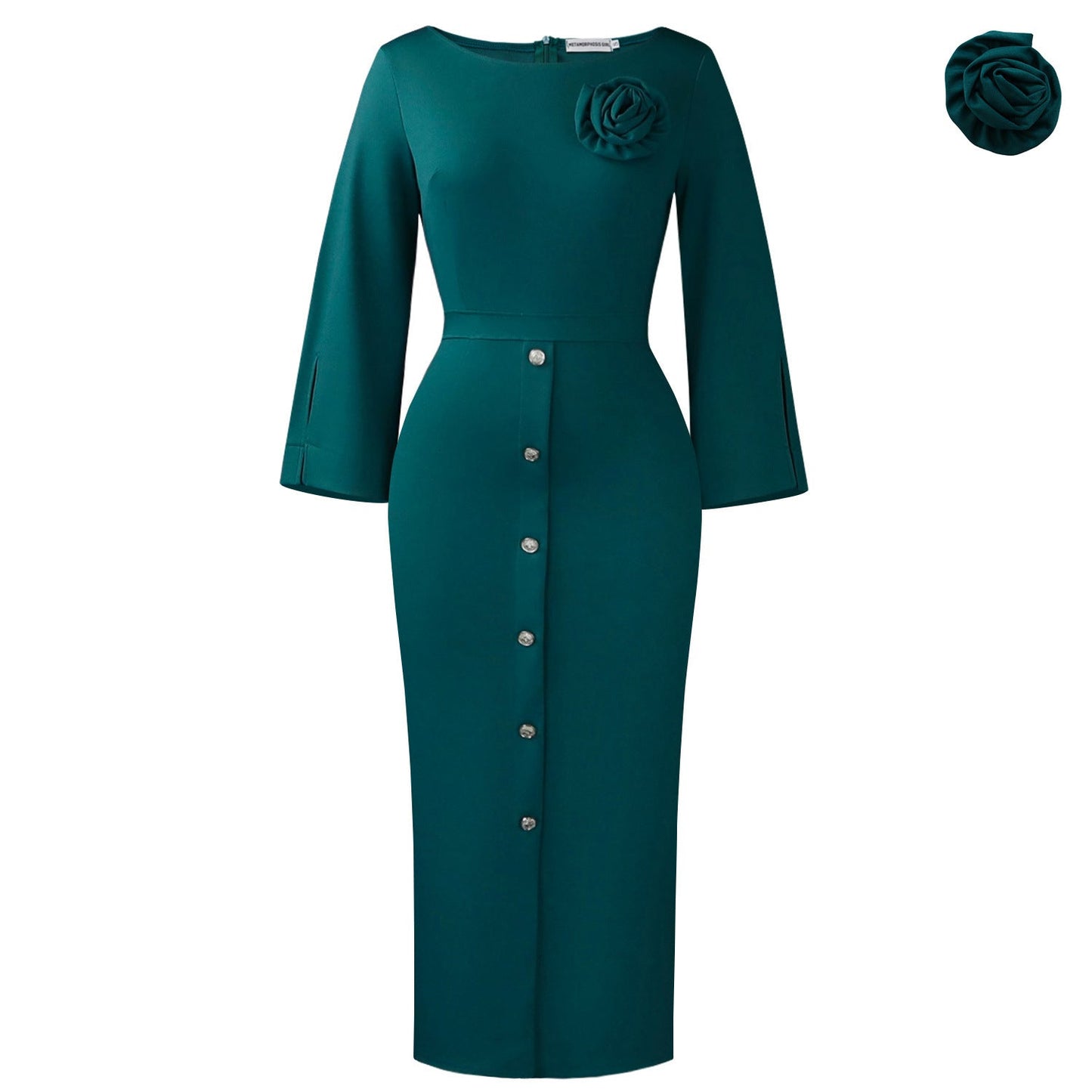 Elegant Floral Bodycon Dress For Work - Peacock Green, Cream, Purple, Navy