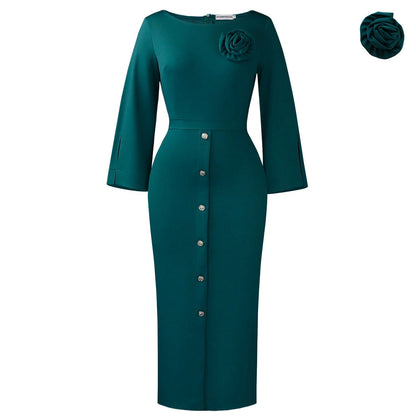 Elegant Floral Bodycon Dress For Work - Peacock Green, Cream, Purple, Navy