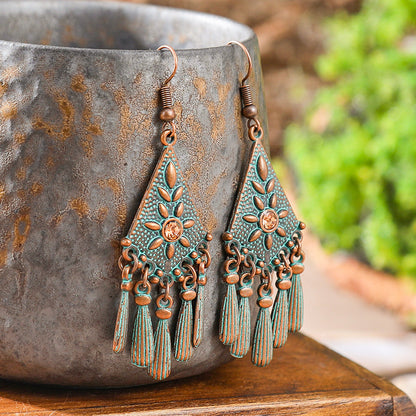 Bohemian Style Geometric Turquoise Tassel Earrings Set