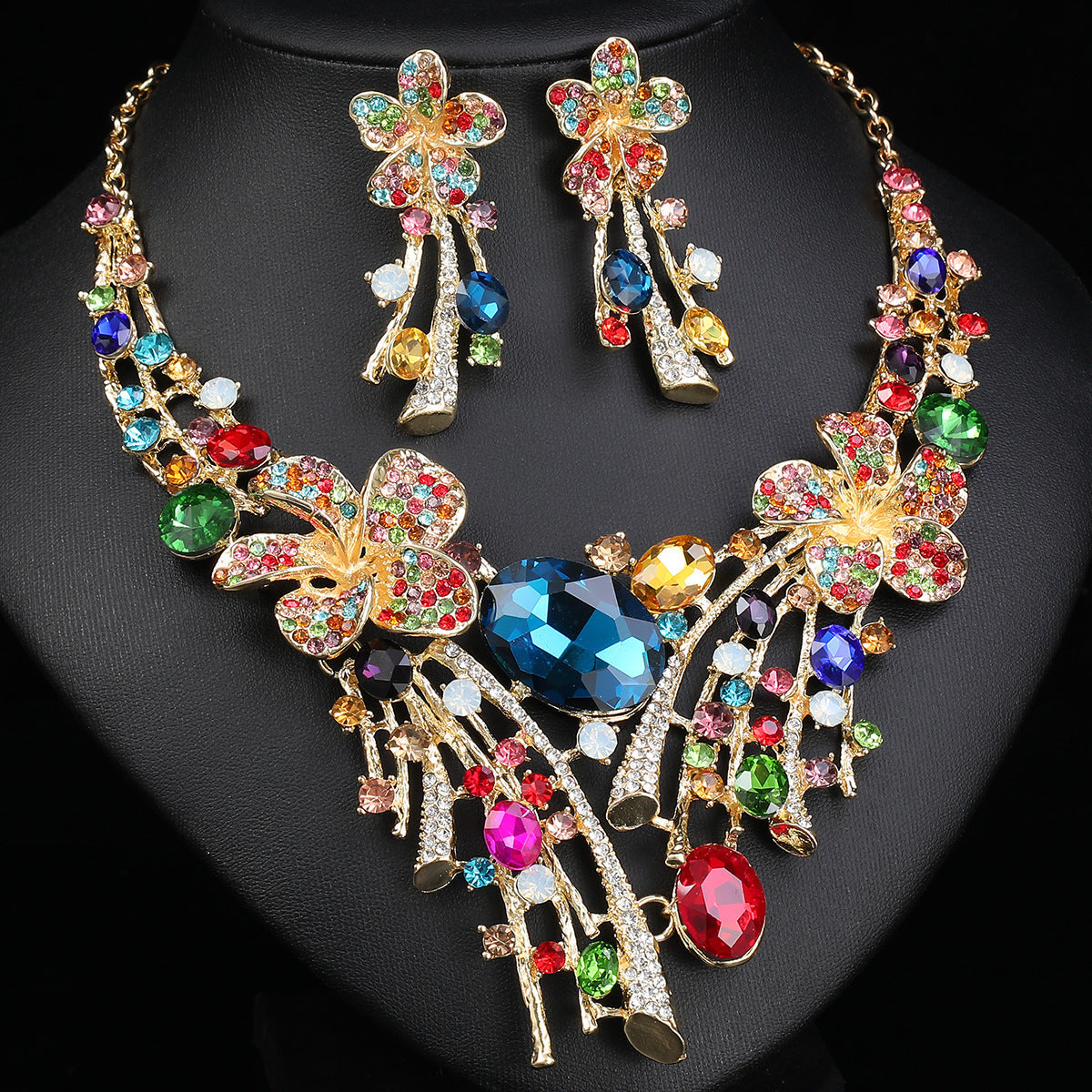 Bohemian Floral Statement Necklace and Earrings Set
