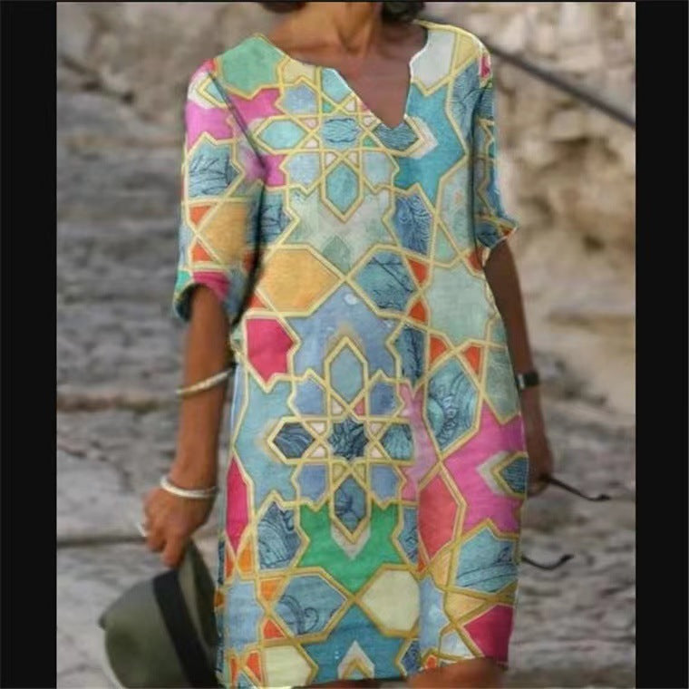 Abstract Print V-Neck A-Line Dress Comfortable Casual Fashion