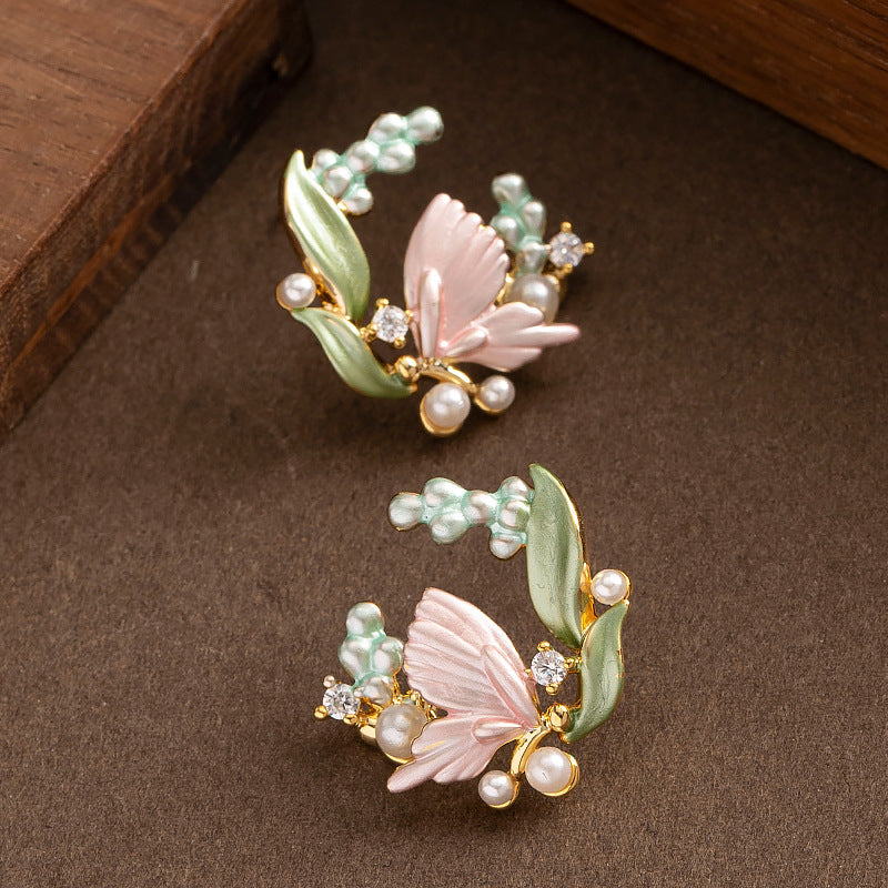 Sweet Floral Pearl Earrings Trendy 925 Silver Studs