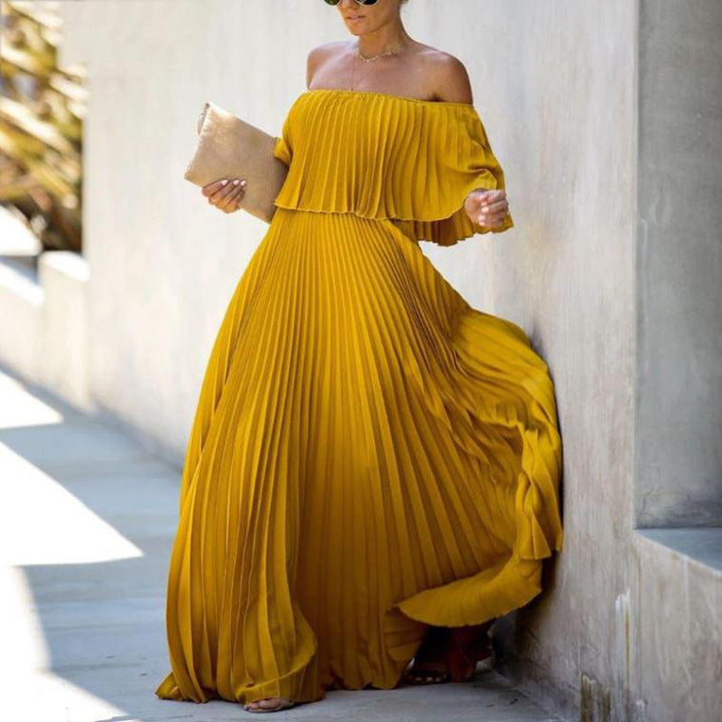 Women'S Long Skirt Sexy Off-The-Shoulder Pleated Chiffon Evening Dress