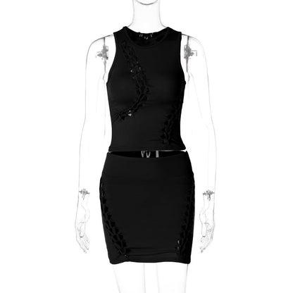 Stylish Sleeveless Hollow Out Top And Skirt Set