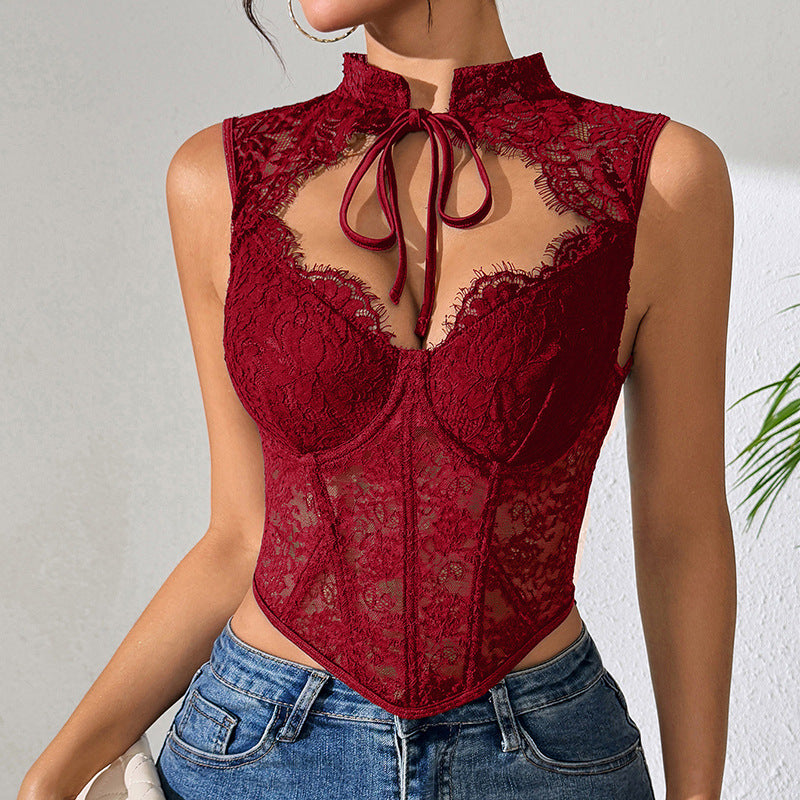 Skeletal Lace Tank Top Sexy Crop Top For Casual Wear