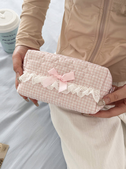 Pastel Blue Plaid Lace Makeup Bag Stylish Quilted Storage