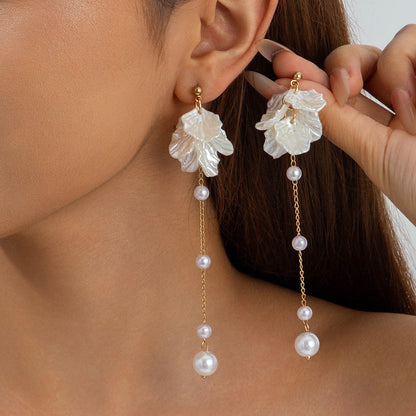 Fresh Camellia Drop Earrings With Imitation Pearls