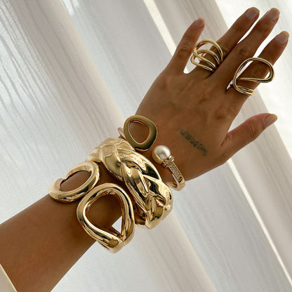 Hip-Hop Irregular Alloy Bracelet Set with Rhinestones and Pearls