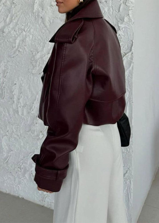 Cropped Leather Jacket With Oversized Lapel