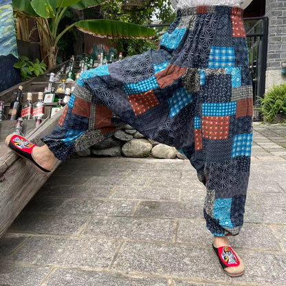 Ethnic Style Summer Men'S And Women'S Same Large Crotch Pants Cotton And Linen Printed Casual Lantern Trousers