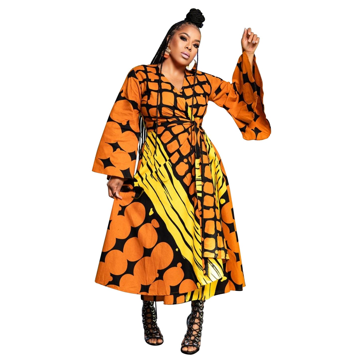 Plus Size African Casual Tie-Front Maxi Dress