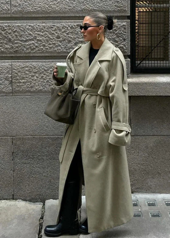 Oversized Wool Blend Coat With Waist Tie