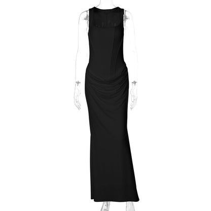 Elegant U-Neck Long Dress with Ruching