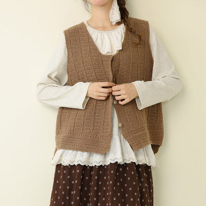 Casual Vintage Round Neck Knitted Vest with Crochet Details