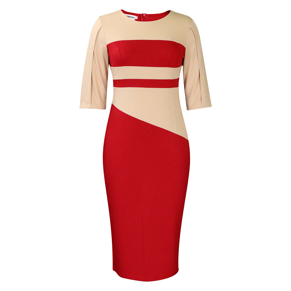 Chic Color Block Pencil Dress Elegant Office Style