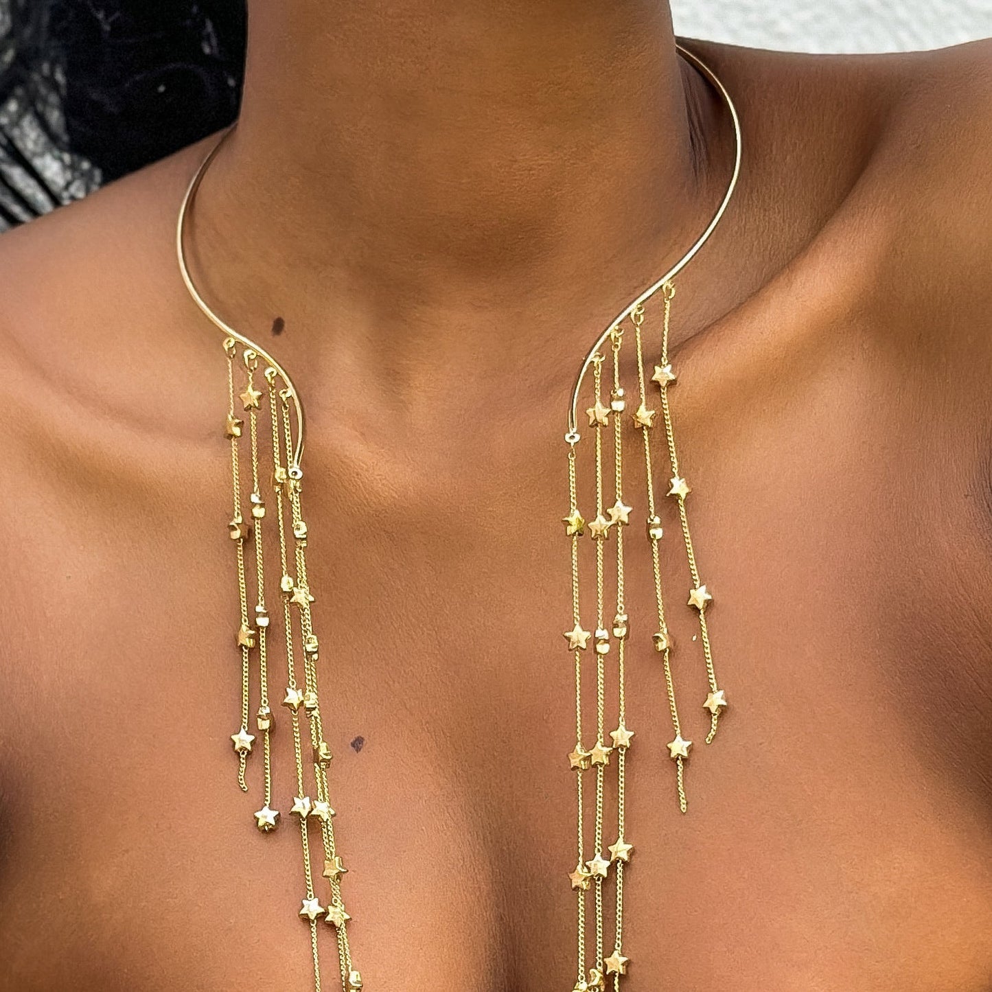 Geometric Metal Pearl Choker Necklace With Tassel