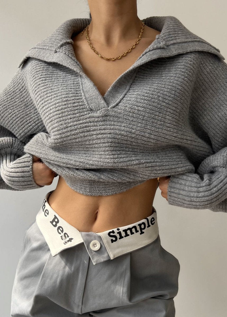 Ribbed Knit Sweater With Structured Collar