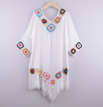New Off The Shoulder Half Sleeve Hook Pattern Stitching Irregular Tassel Beach Cover Up Shirt Ethnic Style Dress