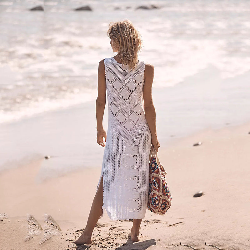 Solid Color Loose Knit Swim Cover Up Dress