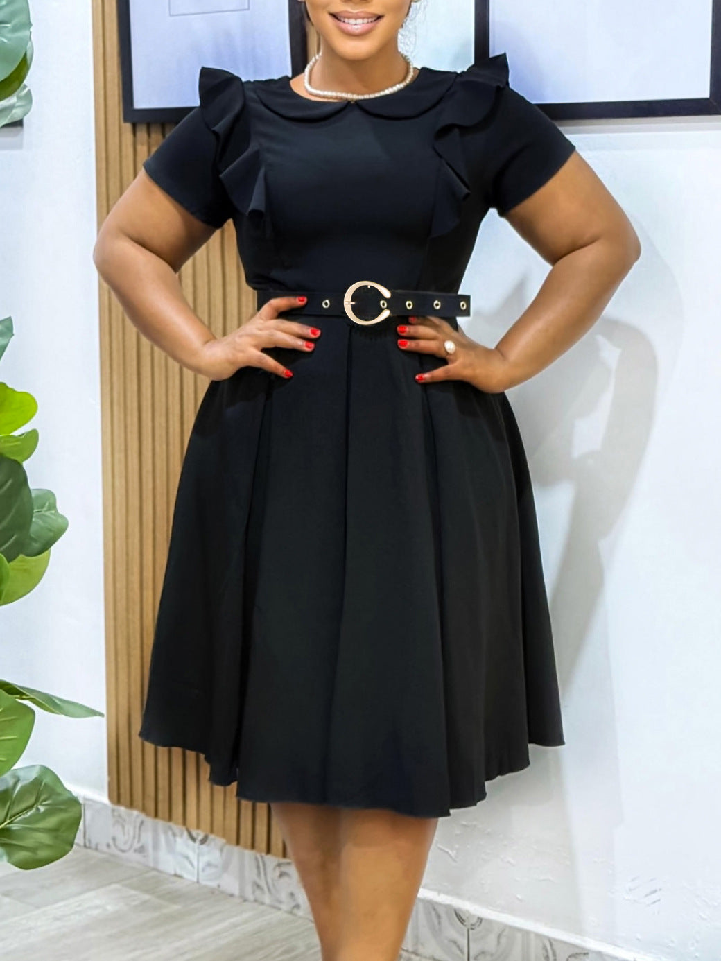 Elegant High Waist Ruffle Hem A-Line Dress With Peter Pan Collar