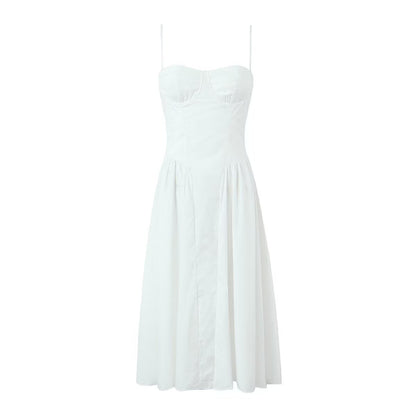 Solid Color Square Neck Pleated Midi Dress