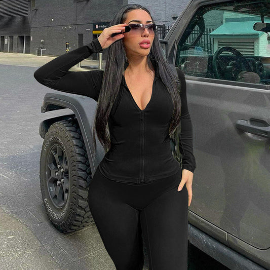 Solid Color Zip-Up Athletic Jacket With Long Pants Set