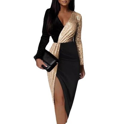 Two-Tone High Waist Midi Dress With Long Sleeves