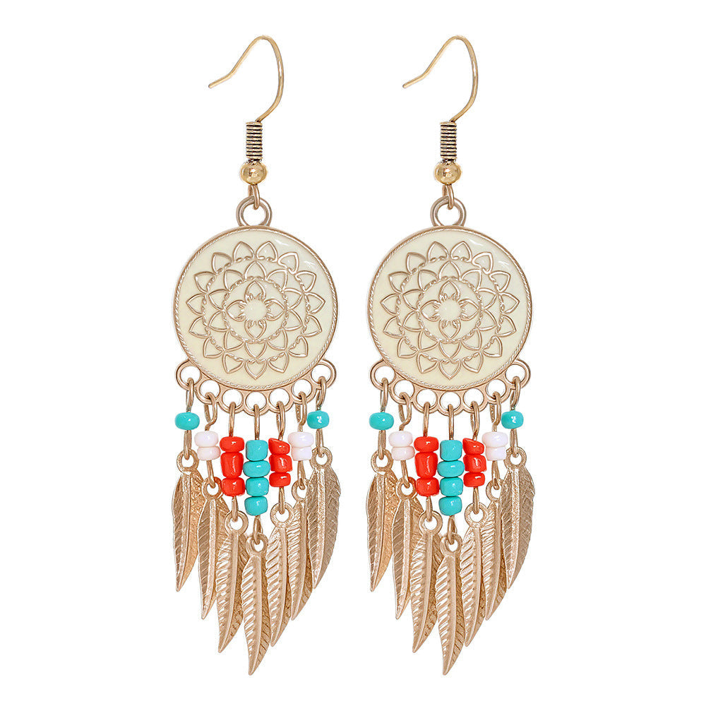 Long Dangle Rose Leaf Earrings Alloy with Beads