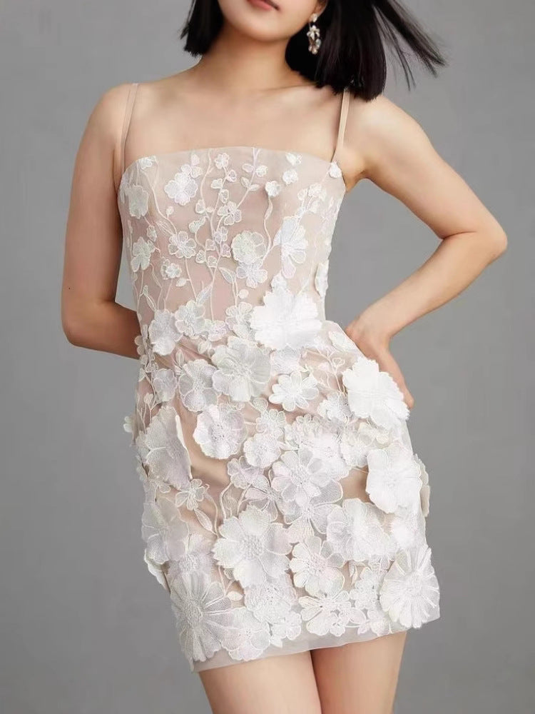 3D Floral Embroidered Slip Dress Elegant Polyester Summer Dress