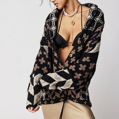 Vintage Floral Print Lapel Collar Loose Cardigan