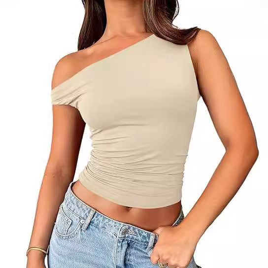 One Shoulder Solid Colot Short Top