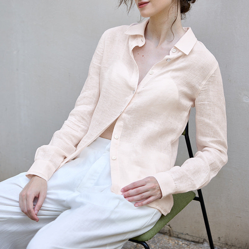 Relaxed Fit Solid Color Linen Shirt For Women
