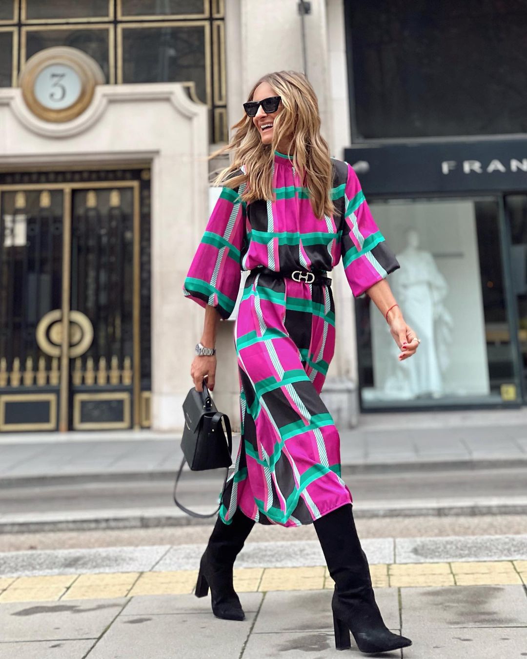 Mid-Sleeve Print Cinched-Waist A-Line Dress Oversized Women'S Maxi Dress