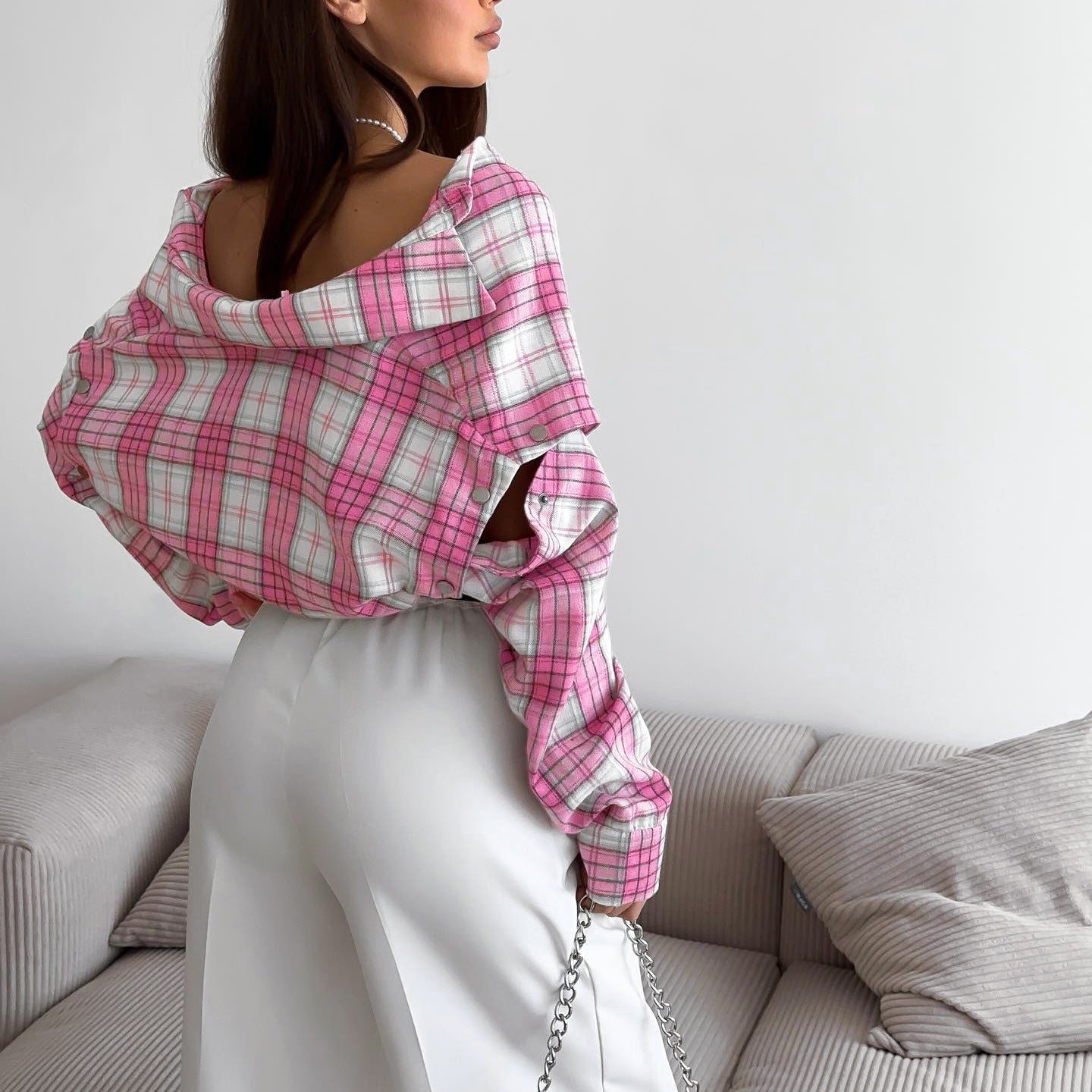 Pink Checkered Button-Up Shirt Casual Loose Fit Top