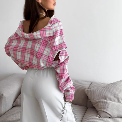 Pink Checkered Button-Up Shirt Casual Loose Fit Top