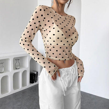 Sexy Polka Dots Mesh Long Sleeve Sheer Blouse