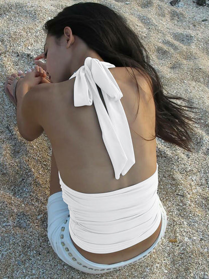 Trendy Solid Color Halter Neck V-Neck Slim Fit Top